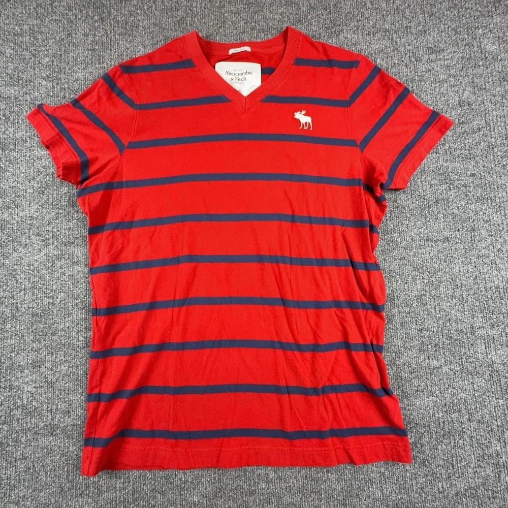 Abercrombie & Fitch Mens XL Red Striped V Neck Moose Logo T-Shirt Muscle Fit